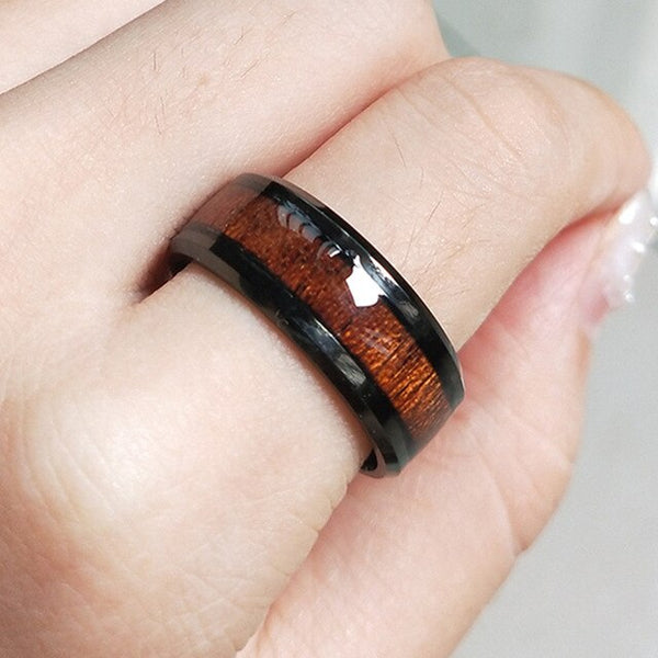 Letdiffery 8mm Wood Grain Stainless Steel Smooth Men Rings Never Fade Party Jewelry Rings