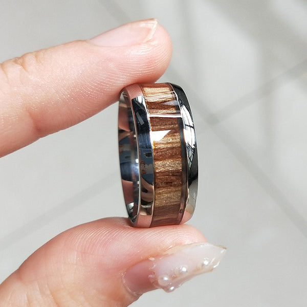 Letdiffery 8mm Wood Grain Stainless Steel Smooth Men Rings Never Fade Party Jewelry Rings